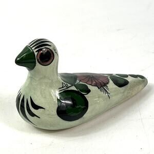 Vintage Tonala Folk Art Pottery Hand Painted Green Mexican Bird Figurine Floral